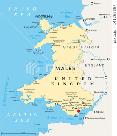 Wales, United Kingdom, political map with capital and largest city Cardiff. Country on the island of Great Britain bordered by England, the Irish Sea, the Celtic Sea, and the Bristol Channel. Vector Wales, United Kingdom, political map with capital and largest city Cardiff. Country on the island of Great Britain bordered by England, the Irish Sea, the Celtic Sea, and the Bristol Channel. Vector 141269867