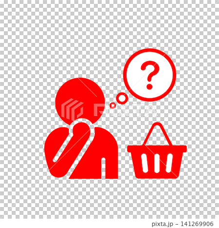 A pictogram (red) of a person who is undecided about what to buy while shopping. A pictogram (red) of a person who is undecided about what to buy while shopping. 141269906