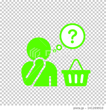 A pictogram (green) of a person who is undecided about what to buy while shopping. A pictogram (green) of a person who is undecided about what to buy while shopping. 141269910