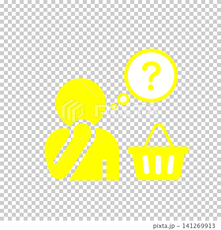 A pictogram (yellow) of a person who is undecided about what to buy while shopping. A pictogram (yellow) of a person who is undecided about what to buy while shopping. 141269913