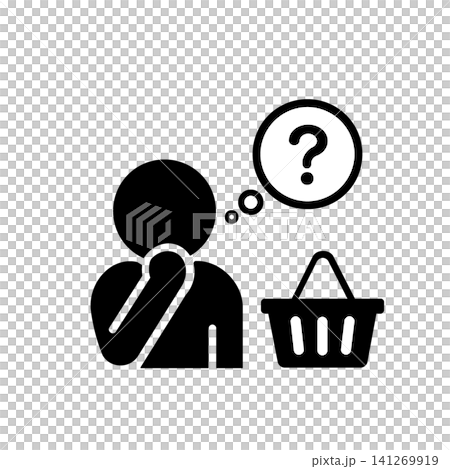 A pictogram (black) of a person who is undecided about what to buy while shopping. A pictogram (black) of a person who is undecided about what to buy while shopping. 141269919