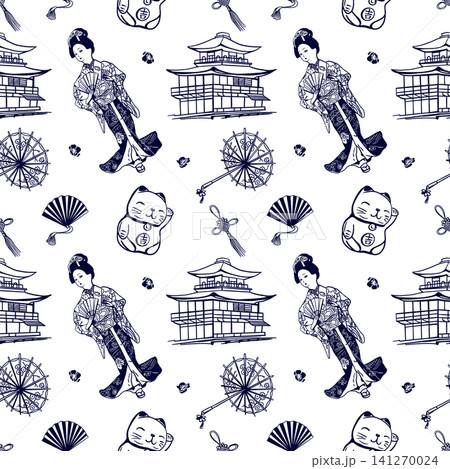 Japanese girl in a kimono seamless pattern with Maneki Neko cat, building, fan and umbrella. Hand drawn illustration in a graphic style. Black ink clip art for wrapping paper, textiles and wallpaper. Japanese girl in a kimono seamless pattern with Maneki Neko cat, building, fan and umbrella. Hand drawn illustration in a graphic style. Black ink clip art for wrapping paper, textiles and wallpaper. 141270024
