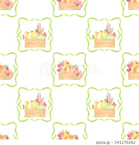 Hand drawn watercolor pumpkins, leaves and berries in frames seamless pattern. Autumn illustration isolated on white background. Can be used for textile, fabric and other printed products Hand drawn watercolor pumpkins, leaves and berries in frames seamless pattern. Autumn illustration isolated on white background. Can be used for textile, fabric and other printed products 141270262