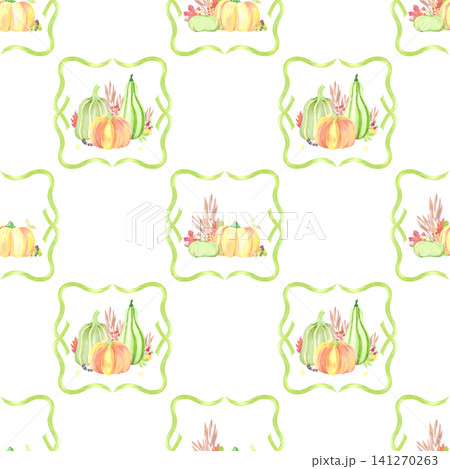Hand drawn watercolor pumpkins, leaves and berries in frames seamless pattern. Autumn illustration isolated on white background. Can be used for textile, fabric and other printed products Hand drawn watercolor pumpkins, leaves and berries in frames seamless pattern. Autumn illustration isolated on white background. Can be used for textile, fabric and other printed products 141270263