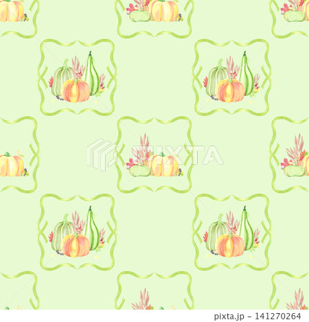 Hand drawn watercolor pumpkins, leaves and berries in frames seamless pattern. Autumn illustration isolated on green background. Can be used for textile, fabric and other printed products 141270264