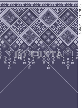 Repeating geometric border pattern with symmetrical diamond ornaments in elegant purple tones. Suitable for textile printing, decorative backgrounds, wrapping paper, and interior decoration. Repeating geometric border pattern with symmetrical diamond ornaments in elegant purple tones. Suitable for textile printing, decorative backgrounds, wrapping paper, and interior decoration. 141270357