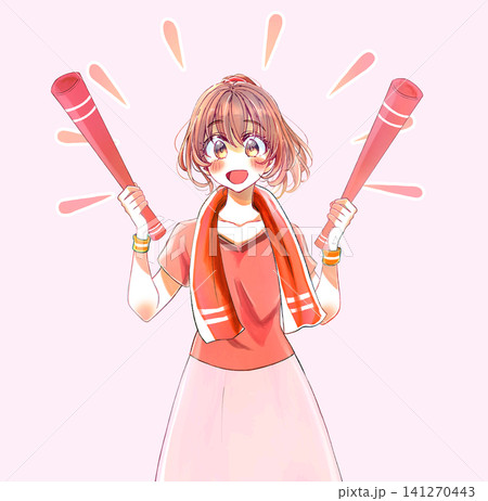 両手でメガホンを持った明るい表情の女性 赤いユニフォーム 両手でメガホンを持った明るい表情の女性 赤いユニフォーム 141270443