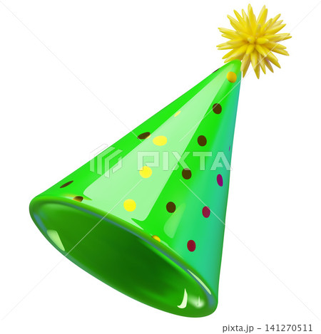 Party hat 3D cartoon plastic style, vector realistic festive fun green hat cone shape with polka dots pattern decoration Party hat 3D cartoon plastic style, vector realistic festive fun green hat cone shape with polka dots pattern decoration 141270511