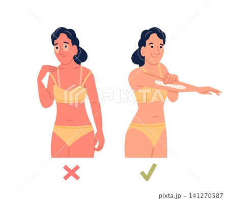 Female sun protection. Differences with sunscreen using suntan and without. Sunburn skin problems. Caring and aging protection, recent vector character Female sun protection. Differences with sunscreen using suntan and without. Sunburn skin problems. Caring and aging protection, recent vector character 141270587