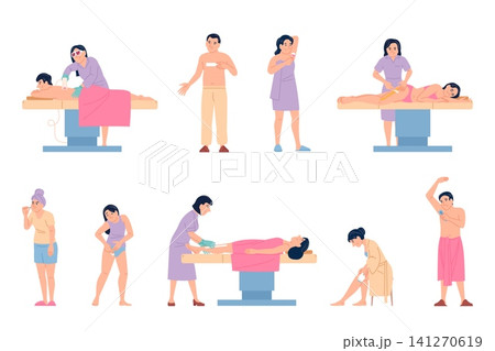 Depilation. Hair removal scenes at home and in professional beauty medical salon. Procedures shaving, waxing, sugaring and laser, recent vector scenes Depilation. Hair removal scenes at home and in professional beauty medical salon. Procedures shaving, waxing, sugaring and laser, recent vector scenes 141270619