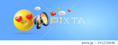 A 3D banner featuring a yellow emoji with heart-shaped eyes, holding a megaphone, with clouds 141270646