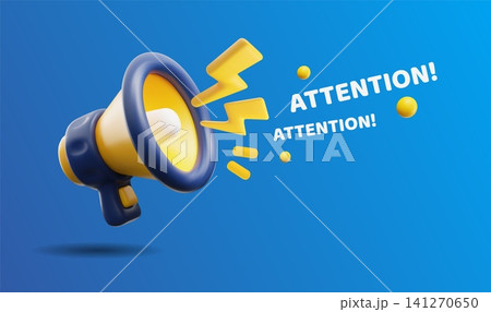 Loudspeaker attention shouting 3D cartoon vector banner, realistic megaphone announcing, flash lightnings and bubbles Loudspeaker attention shouting 3D cartoon vector banner, realistic megaphone announcing, flash lightnings and bubbles 141270650
