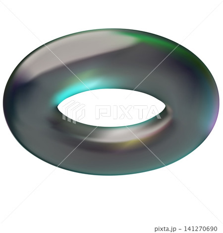 A glass geometric figure, a torus, with a metallic iridescent, glossy surface. A glass geometric figure, a torus, with a metallic iridescent, glossy surface. 141270690