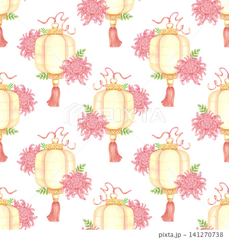 Hand drawn watercolor Asian lantern and chrysanthemum seamless pattern. Illustration isolated on white background. Can be used for textile, fabric, scrapbook and other printed products Hand drawn watercolor Asian lantern and chrysanthemum seamless pattern. Illustration isolated on white background. Can be used for textile, fabric, scrapbook and other printed products 141270738