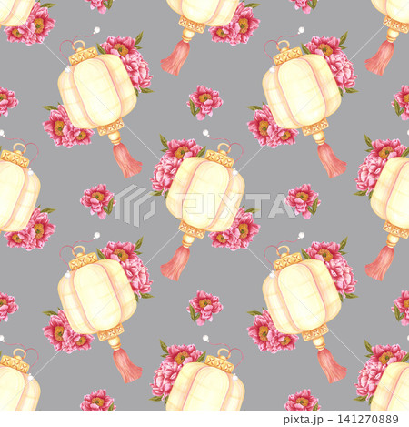 Hand drawn watercolor paper Chinese lantern with red peony flowers seamless pattern. Illustration isolated on grey background. Can be used for textile, fabric, wrapping and other printed products Hand drawn watercolor paper Chinese lantern with red peony flowers seamless pattern. Illustration isolated on grey background. Can be used for textile, fabric, wrapping and other printed products 141270889