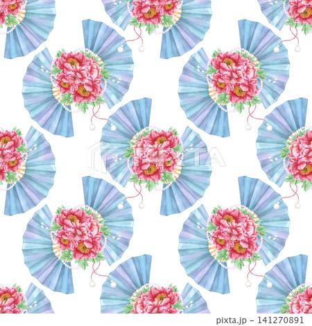 Hand drawn watercolor blue paper Chinese fan with peony flowers and beads seamless pattern. Illustration isolated on white background. Can be used for textile, fabric, wrapping and other printed produ 141270891