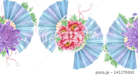 Hand drawn watercolor blue paper Asian fan with peony flowers seamless border pattern. Illustration isolated on white background. Can be used for textile, fabric, wrapping and other printed products Hand drawn watercolor blue paper Asian fan with peony flowers seamless border pattern. Illustration isolated on white background. Can be used for textile, fabric, wrapping and other printed products 141270892
