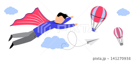 Businessman Flying like a Superhero with Paper Plane and Hot Air Balloons - vector illustration Businessman Flying like a Superhero with Paper Plane and Hot Air Balloons - vector illustration 141270938