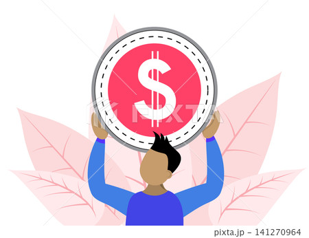 Man Raising and Holding Huge Golden US Dollar Coin - vector illustration Man Raising and Holding Huge Golden US Dollar Coin - vector illustration 141270964
