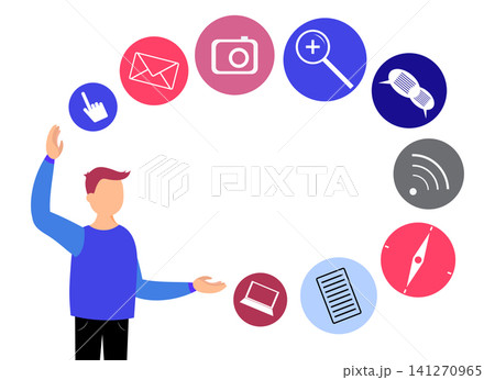 User Interacting with Multi Channel Communication and Social Media Icons - vector illustration 141270965