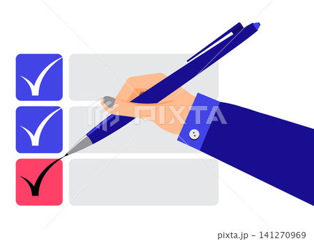 Hand Marking Completed Tasks with Tick on Checklist Form - vector illustration Hand Marking Completed Tasks with Tick on Checklist Form - vector illustration 141270969