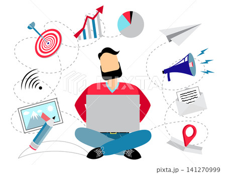 Freelancer Working on Laptop Surrounded by Multi Tasking Work Icons - vector illustration Freelancer Working on Laptop Surrounded by Multi Tasking Work Icons - vector illustration 141270999