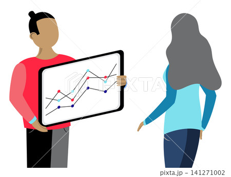 Colleagues Reviewing and Analyzing Complex Line Graph on Tablet - vector illustration 141271002