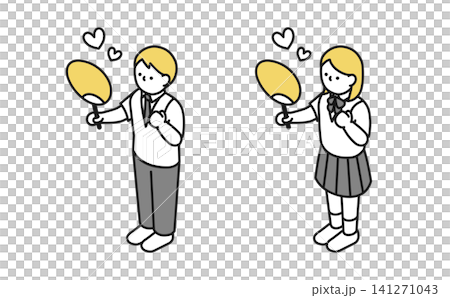 Isometric illustration: High school boys and girls (in summer clothes) cheering with fans. Isometric illustration: High school boys and girls (in summer clothes) cheering with fans. 141271043
