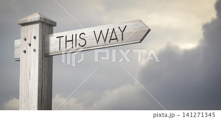This way - wooden signpost with one arrow This way - wooden signpost with one arrow 141271345
