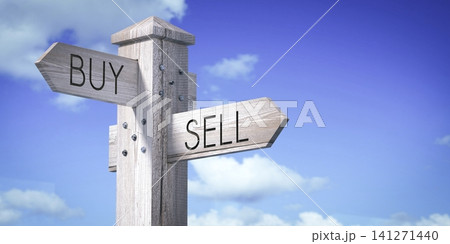 Buy or Sell - Wooden Signpost with Two Arrows Buy or Sell - Wooden Signpost with Two Arrows 141271440