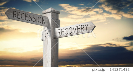 Recession and Recovery - Wooden Signpost with Two Arrows Recession and Recovery - Wooden Signpost with Two Arrows 141271452
