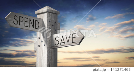 Spend or Save - Wooden Signpost with Two Arrows Spend or Save - Wooden Signpost with Two Arrows 141271465