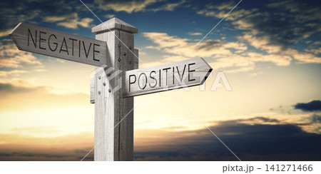 Positive or Negative - Wooden Signpost with Two Arrows Positive or Negative - Wooden Signpost with Two Arrows 141271466