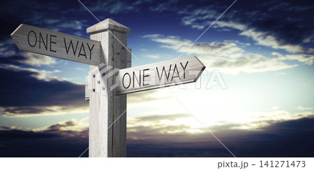 One Way - Wooden Signpost with Two Arrows One Way - Wooden Signpost with Two Arrows 141271473