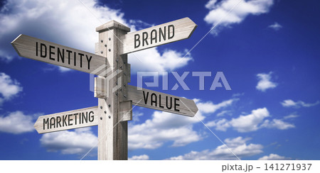 Brand, Identity, Value, Marketing - wooden signpost with four arrows - 3D rendering 141271937