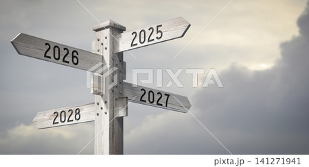 2025, 2026, 2027, 2028 - wooden signpost with four arrows - 3D rendering 141271941