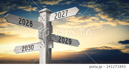 2027, 2028, 2029, 2030 - wooden signpost with four arrows - 3D rendering 2027, 2028, 2029, 2030 - wooden signpost with four arrows - 3D rendering 141271943