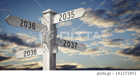 2035, 2036, 2037, 2038 - wooden signpost with four arrows - 3D rendering 2035, 2036, 2037, 2038 - wooden signpost with four arrows - 3D rendering 141271951