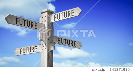 Future concept - wooden signpost with four arrows - 3D rendering Future concept - wooden signpost with four arrows - 3D rendering 141271959