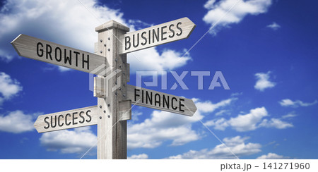 Business, Growth, Finance, Success - wooden signpost with four arrows - 3D rendering 141271960