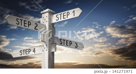 Step 1, 2, 3 and 4 - wooden signpost with four arrows - 3D rendering Step 1, 2, 3 and 4 - wooden signpost with four arrows - 3D rendering 141271971