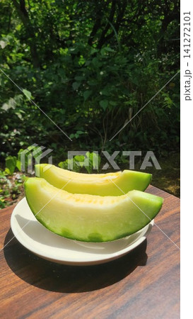初夏の味覚 新鮮なメロンのカットと豊かな自然の背景 初夏の味覚 新鮮なメロンのカットと豊かな自然の背景 141272101