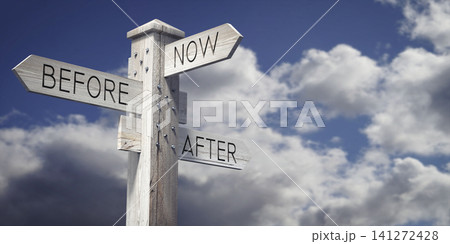 Before, Now, After - Wooden Signpost with Three Arrows - 3D illustration Before, Now, After - Wooden Signpost with Three Arrows - 3D illustration 141272428