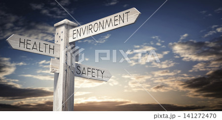 Health, Environment, Safety - Wooden Signpost with Three Arrows - 3D illustration 141272470