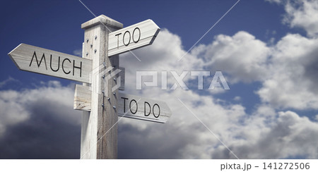 Too Much to Do - Wooden Signpost with Three Arrows - 3D illustration Too Much to Do - Wooden Signpost with Three Arrows - 3D illustration 141272506