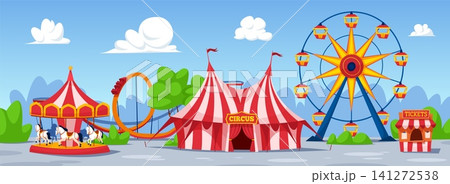 Cartoon funfair. Amusement park landscape summer fair festival circus tent carousel ferris wheel roller coaster tickets booth child amuse qualitative background vector illustration 141272538