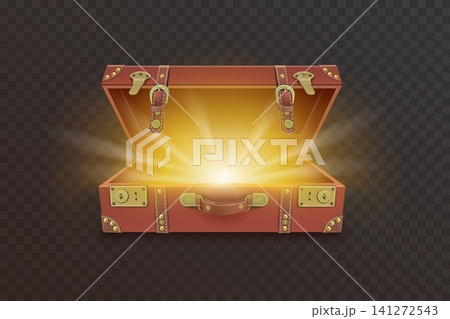 Magic suitcase. Opened vintage briefcase with glow golden light old retro leather bag with gold treasure business insight idea fantasy luggage realistic garish vector illustration Magic suitcase. Opened vintage briefcase with glow golden light old retro leather bag with gold treasure business insight idea fantasy luggage realistic garish vector illustration 141272543