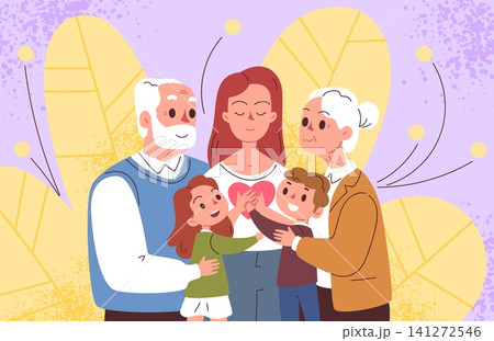 Family support concept. Single mother care, old parent hug adult daughter love help mom kid together generation relationship trust reconciliation accept classy vector illustration 141272546
