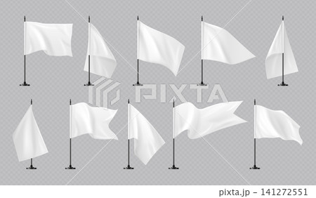 White flags mockup. Flag pole, banner pennant triangle 3d realistic isolated wave fabric blank plain small stick goal soccer football corner flagstaff set exact vector illustration White flags mockup. Flag pole, banner pennant triangle 3d realistic isolated wave fabric blank plain small stick goal soccer football corner flagstaff set exact vector illustration 141272551