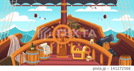 Ship deck. Old wooden pirate sailboat steering wheel, mast board captain helm cannon sails rope treasure map adventure island sea cartoon game background classy vector illustration Ship deck. Old wooden pirate sailboat steering wheel, mast board captain helm cannon sails rope treasure map adventure island sea cartoon game background classy vector illustration 141272566
